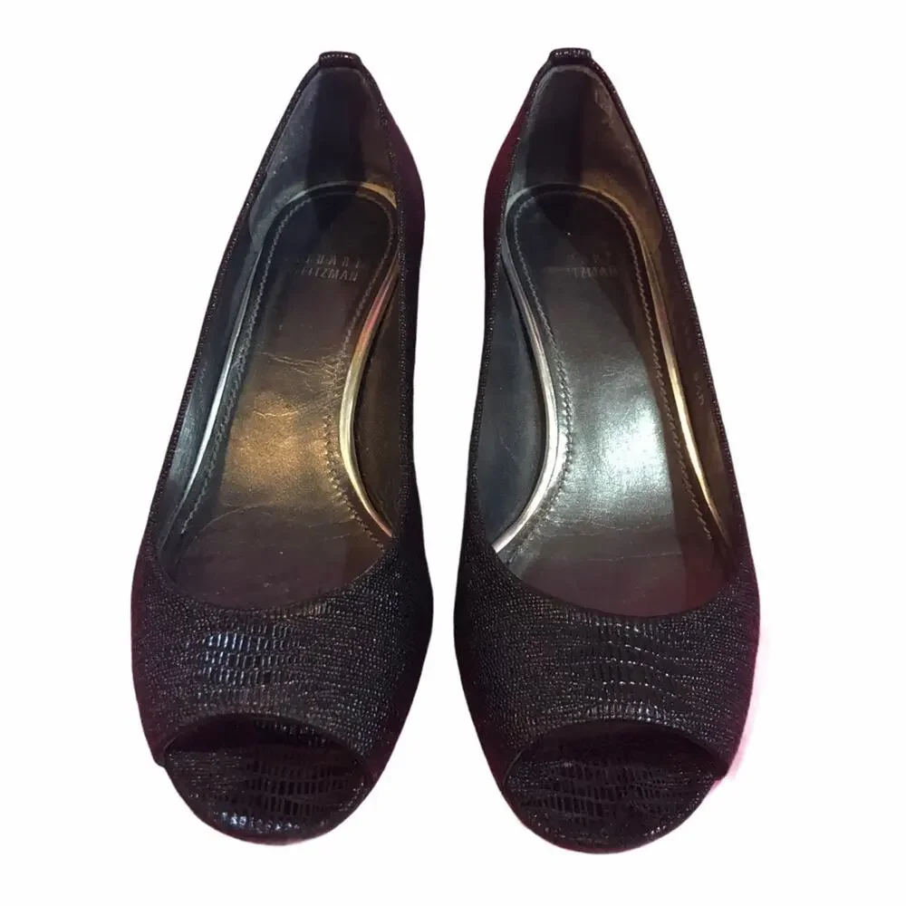 Stuart Weitzman Tofu Peep Toe Wedge Black 8.5 EUC